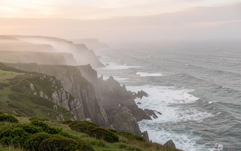 Côte bretonne brumeuse à l'aube
