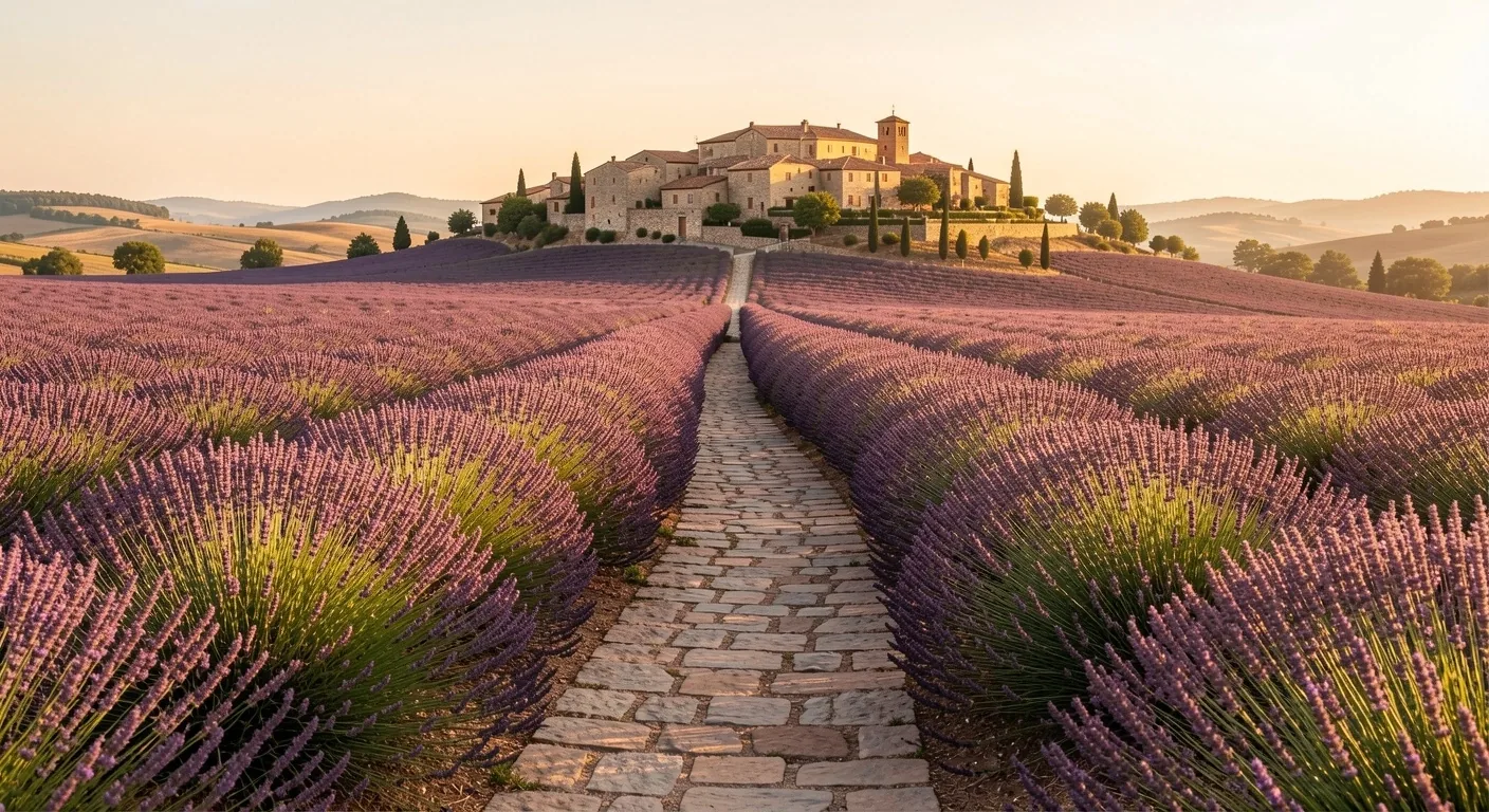Chemin de lavande en Provence au coucher du soleil