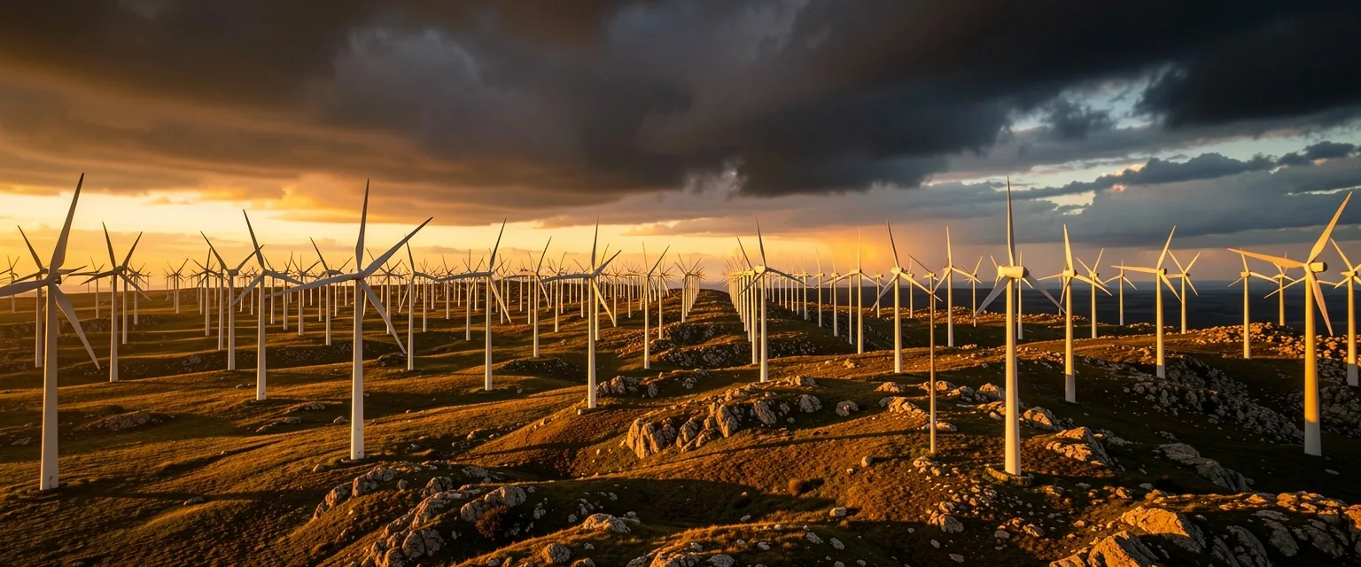 Champ d'éoliennes sur un plateau français au coucher du soleil