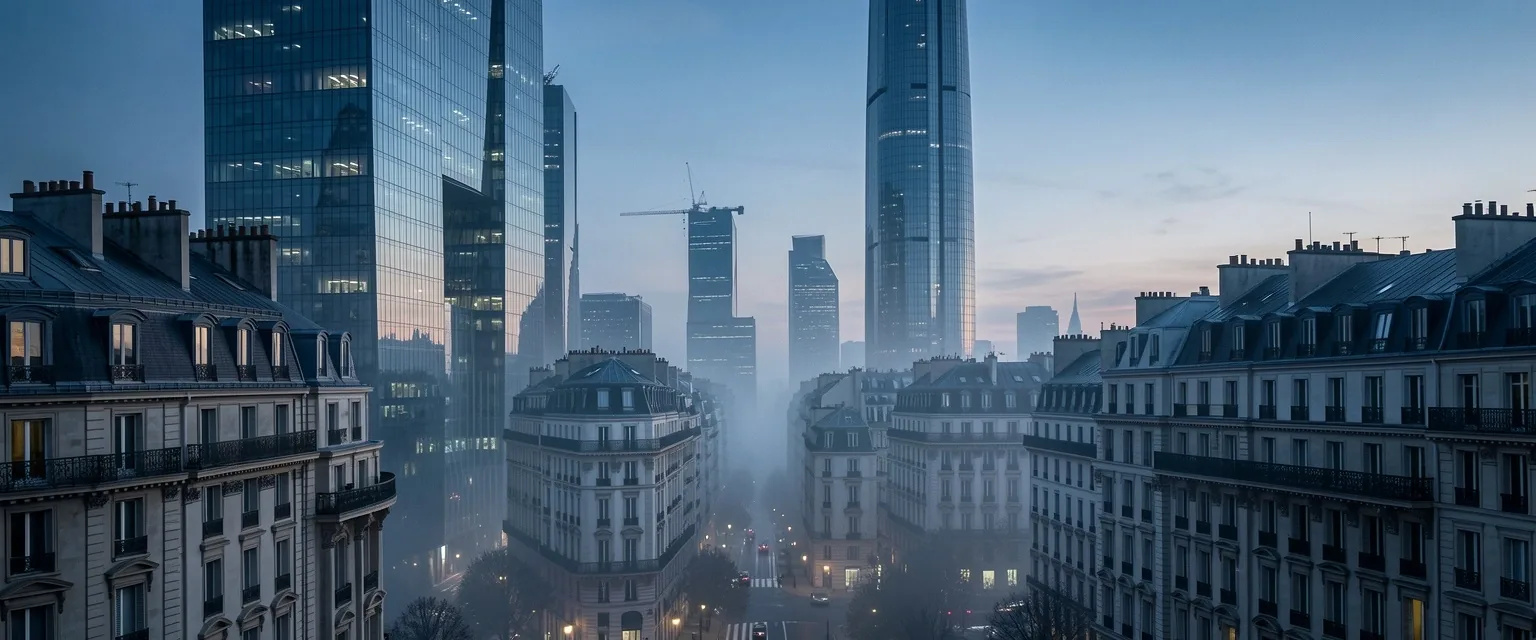 Vue prospective d'une ville française au crépuscule
